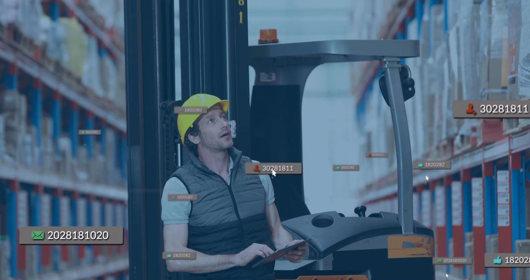 Warehouse Worker Operating Forklift Using Digital Tablet