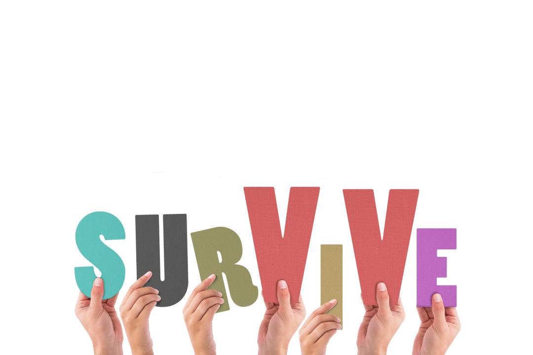 Transparent Hands Holding Colorful Letters Forming Survive