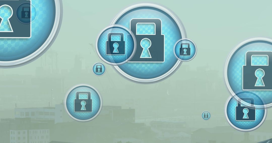 Security Padlock Icons Overlaid on Urban Skyline for Cybersecurity Concept