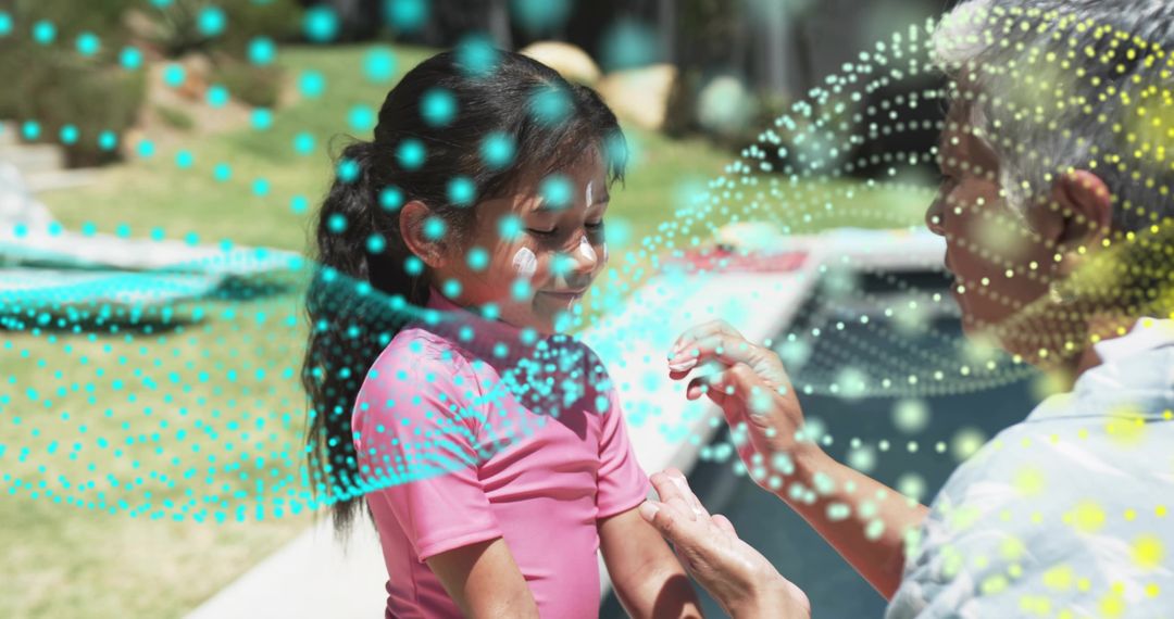 Applying sunscreen to smiling girl at backyard pool with turquoise digital overlay