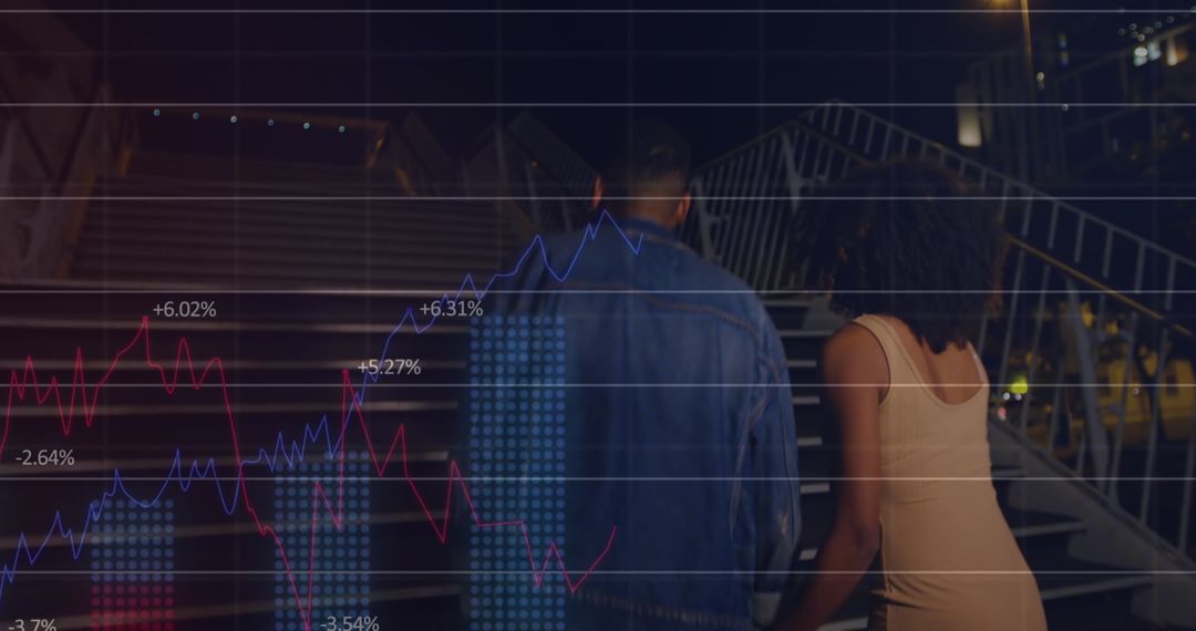 Young Couple Engaged in Night Stroll with Overlay of Financial Data
