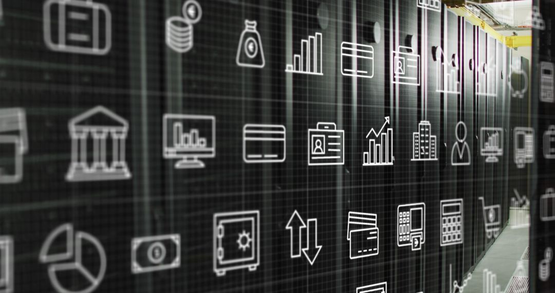 Data Center Icons on Server Racks Representing Fintech Technology
