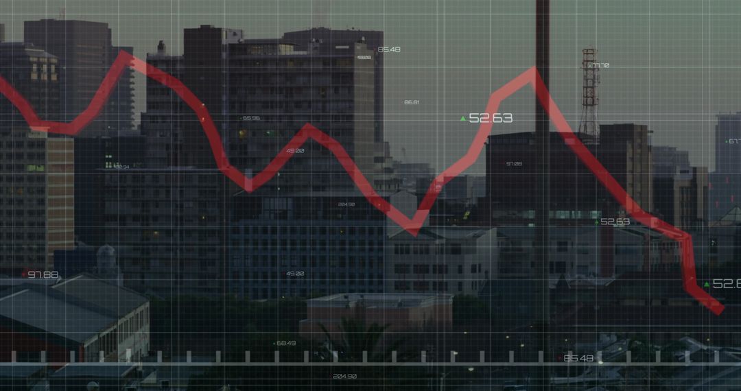 Decreasing Trend Graph Over Urban Cityscape at Dusk