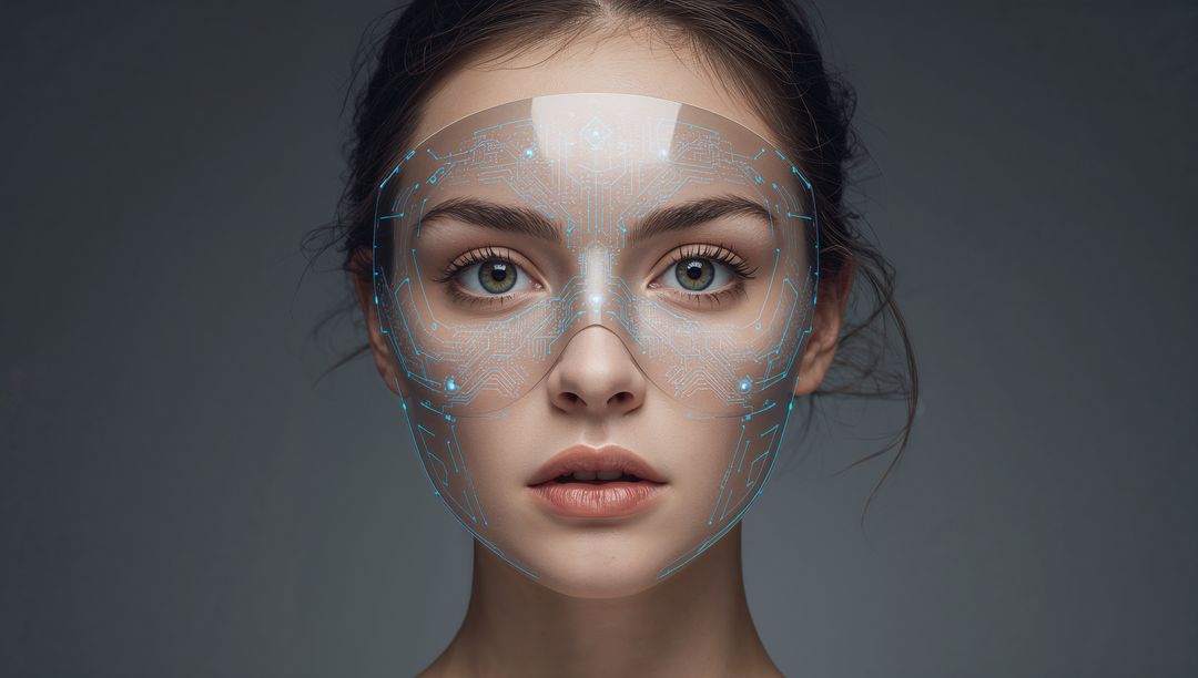 Futuristic Woman Portrait with Translucent Facial Mapping and Biometric Circuit Overlay