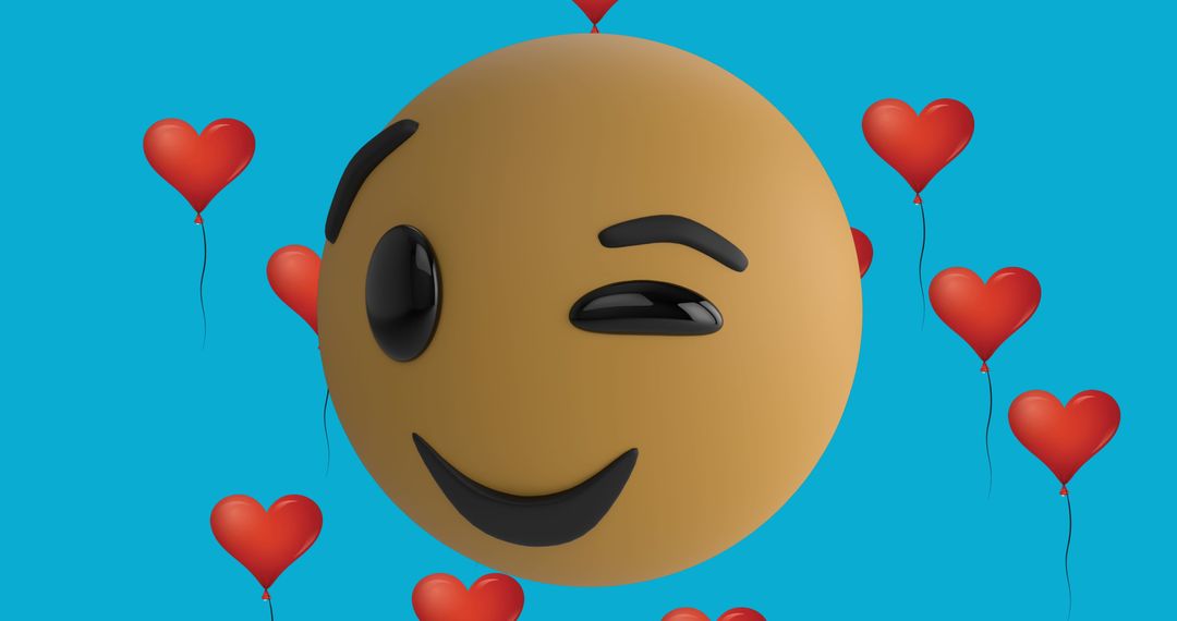 Winking Emoji with Floating Heart Balloons
