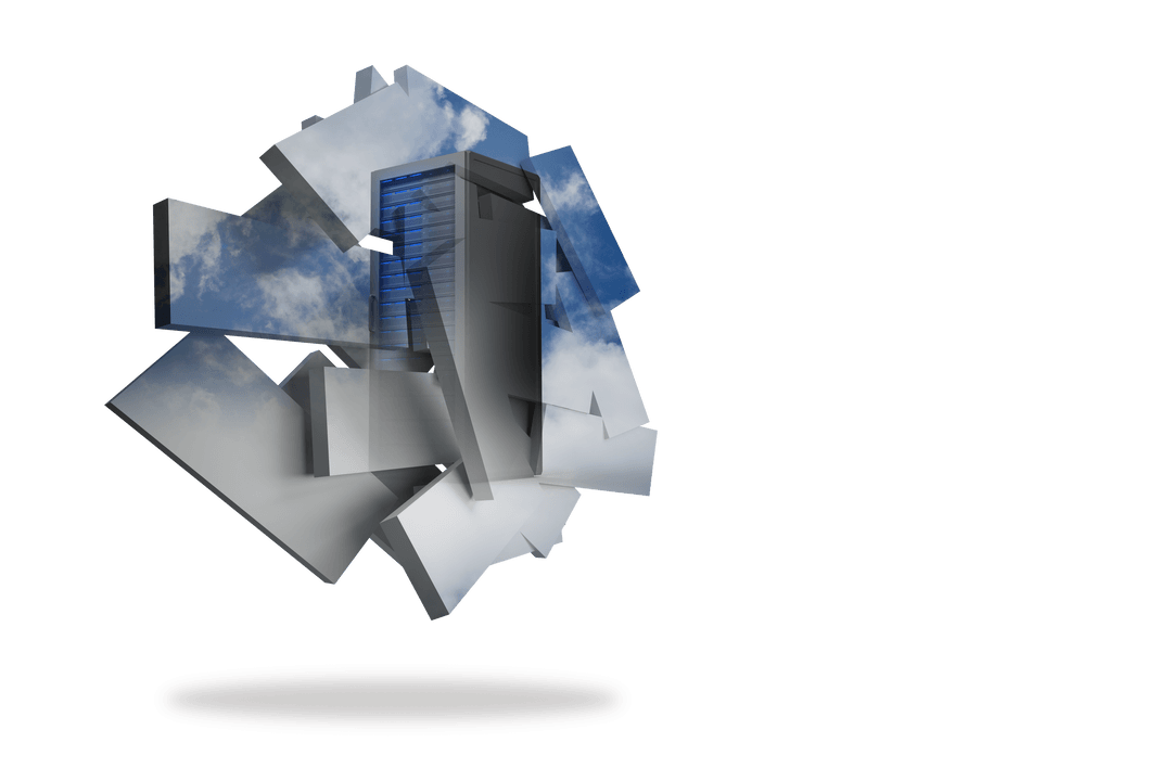 Transparent Server Tower on Abstract Fragmented Screen Design