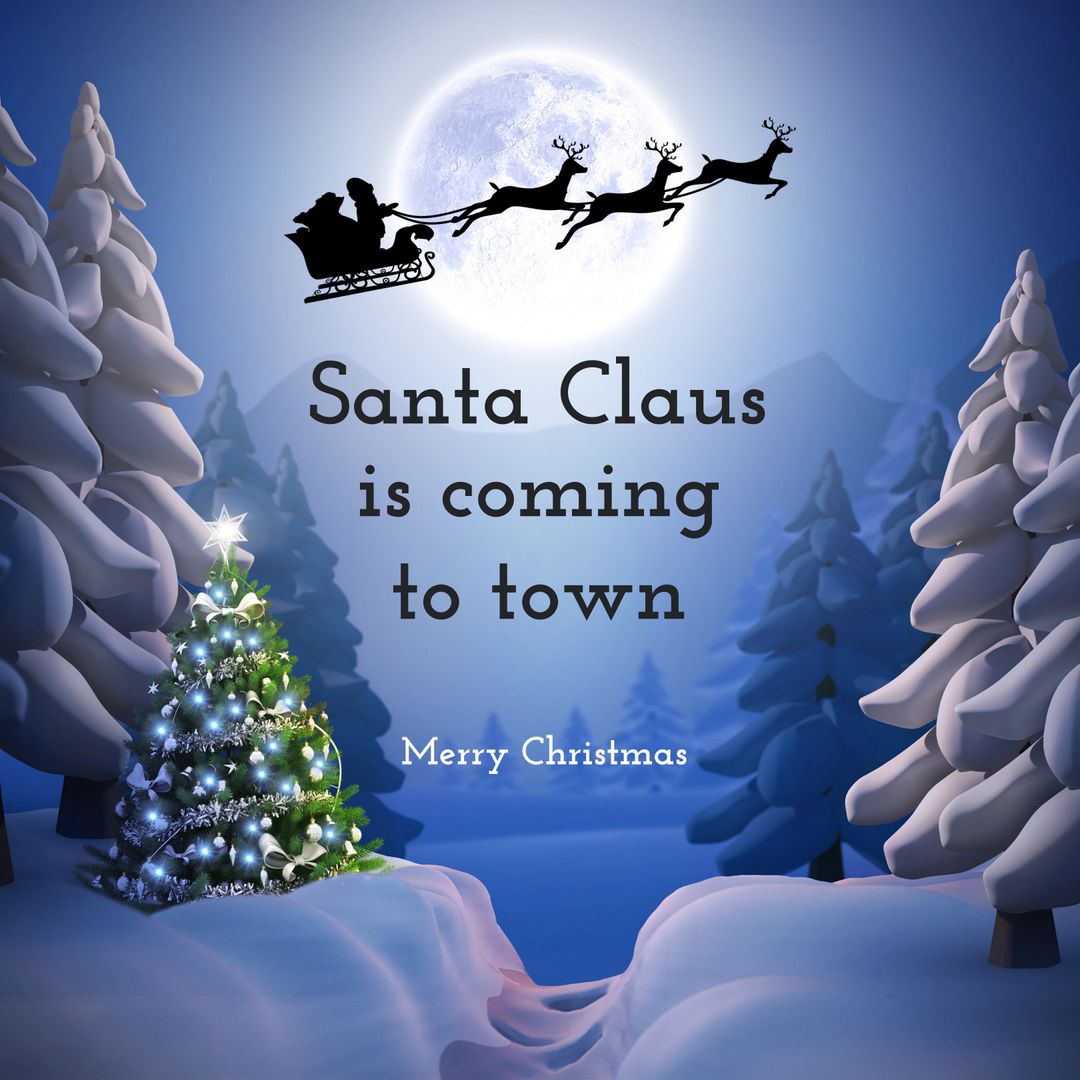 Santa and Reindeer Flying Over Moonlit Winter Landscape