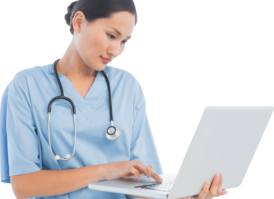 Transparent Medical Professional Using Laptop in Hospital Environment