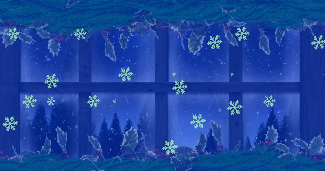 Snowfall Outside Christmas Decorated Window with Pine Branches and Holly