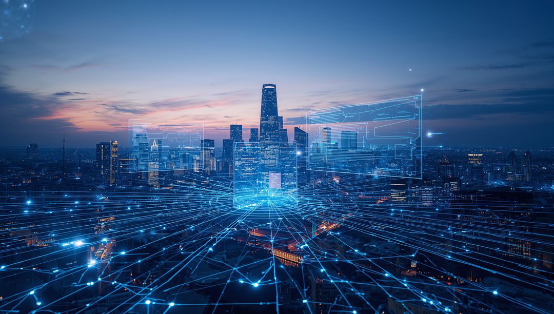 Futuristic Technology Network over Modern City Skyline at Dusk