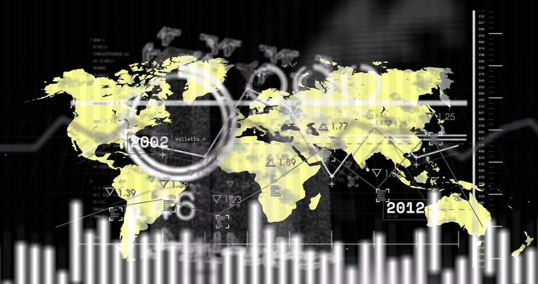 Displaying Global Data Visualization Interface Yellow World Map and HUD Analytics
