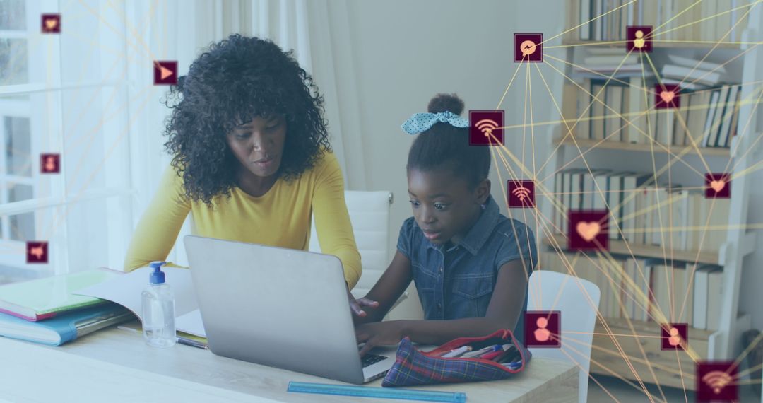 Mother Assisting Daughter with Homework on Laptop, Digital Learning Icons Overlaid