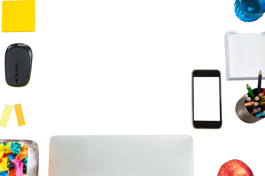 Transparent Modern Office Flat Lay with Tech Gadgets and Supplies