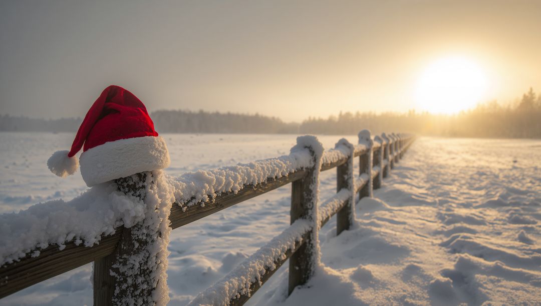 Santa Hat on Snowy Split-Rail Fence at Golden Sunrise Over Frozen Field - Christmas