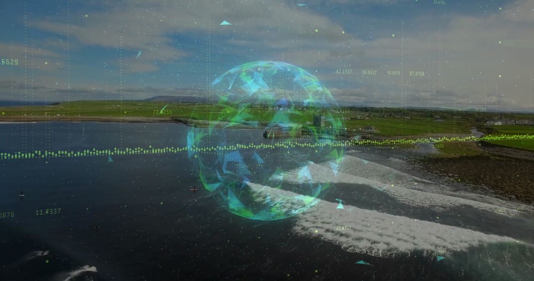 Digital Globe Hologram Overlaying Coastal Shorescape