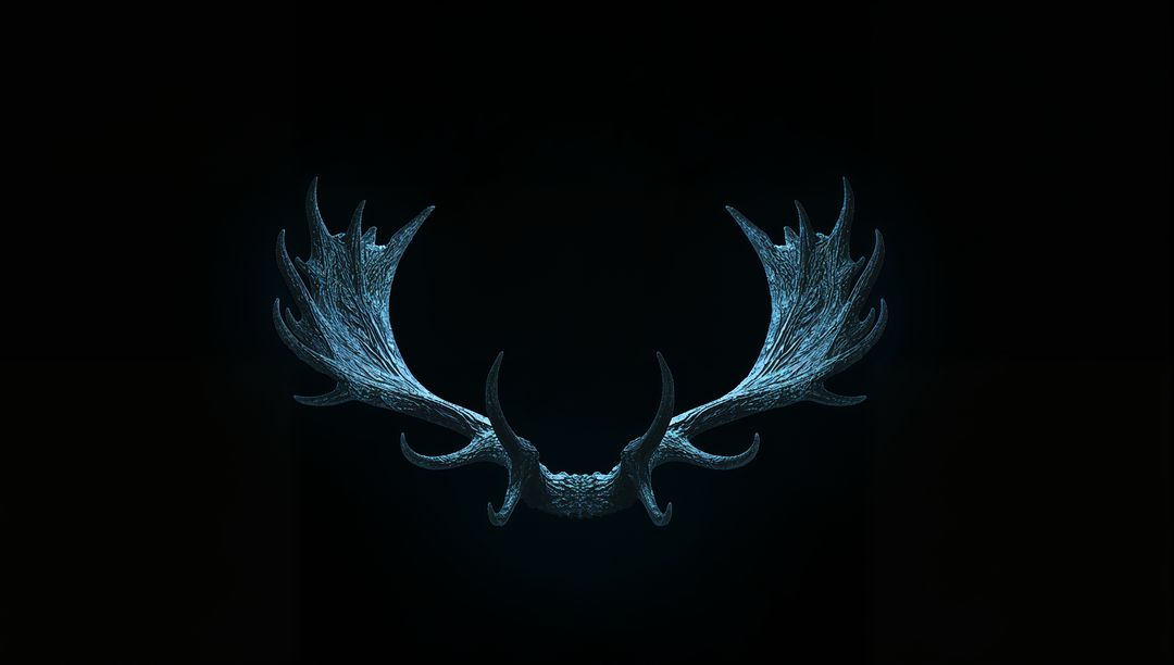 Floating ornate palmated antlers glowing with cyan rim light, suspended in dark minimal void