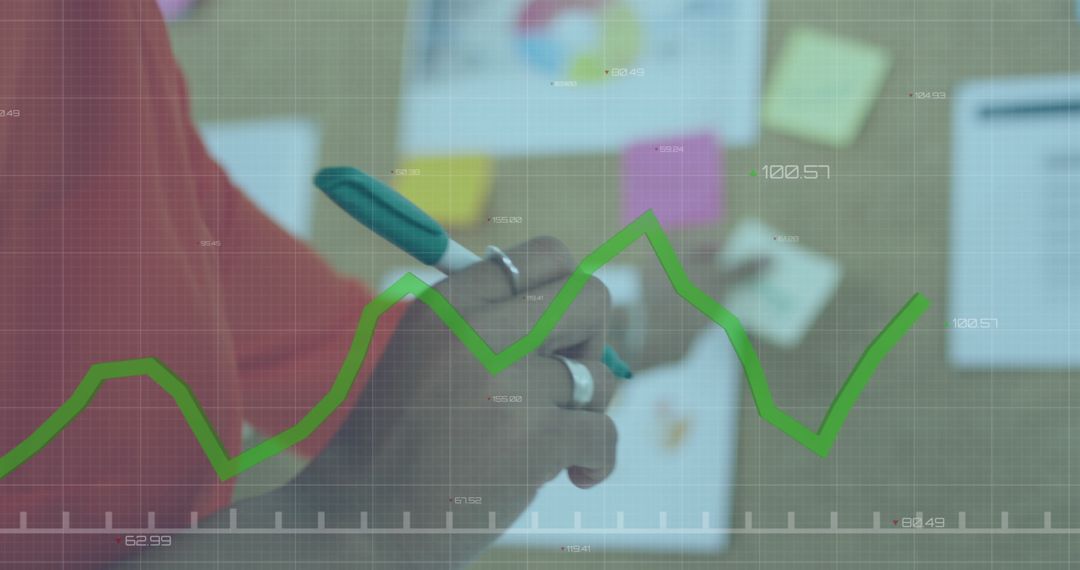 Woman Analyzing Business Graphs with Digital Interface Overlay