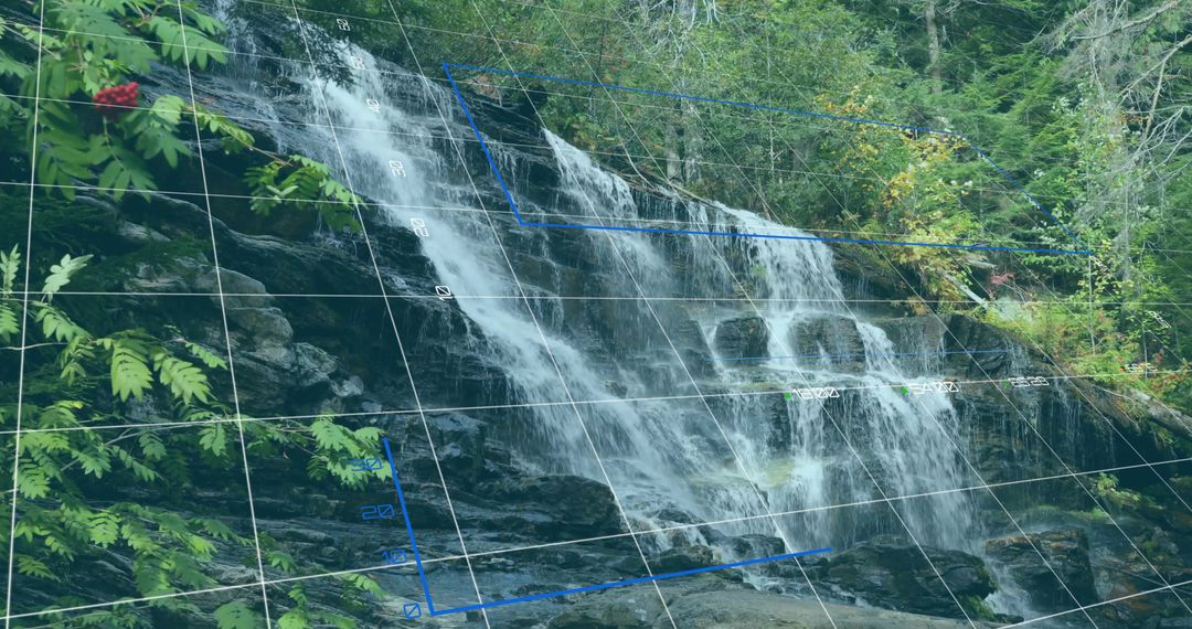 Cascading Waterfall in Woodland Creek with Grid Overlay