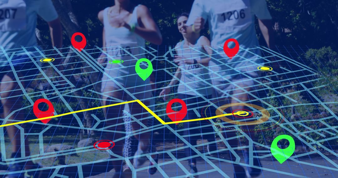 Digital Navigation Over Marathon Runners Highlighting GPS Technology
