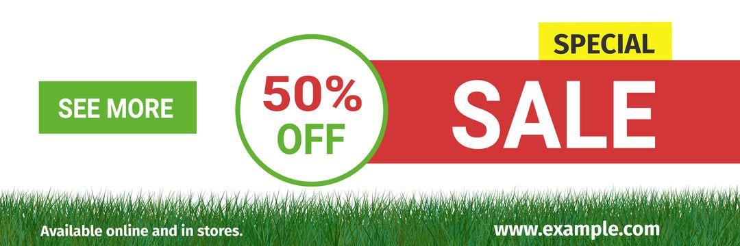 Vibrant grass-themed 50% off special sale banner