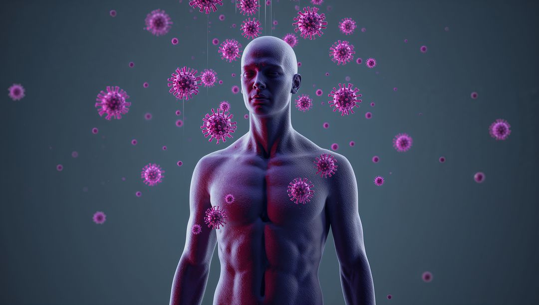 Digital Human Figure Surrounded by Virus Particles Visualization