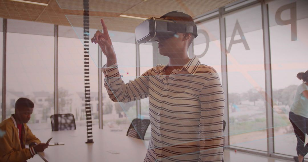 Woman in VR Headset Exploring and Interacting at Modern Office Table