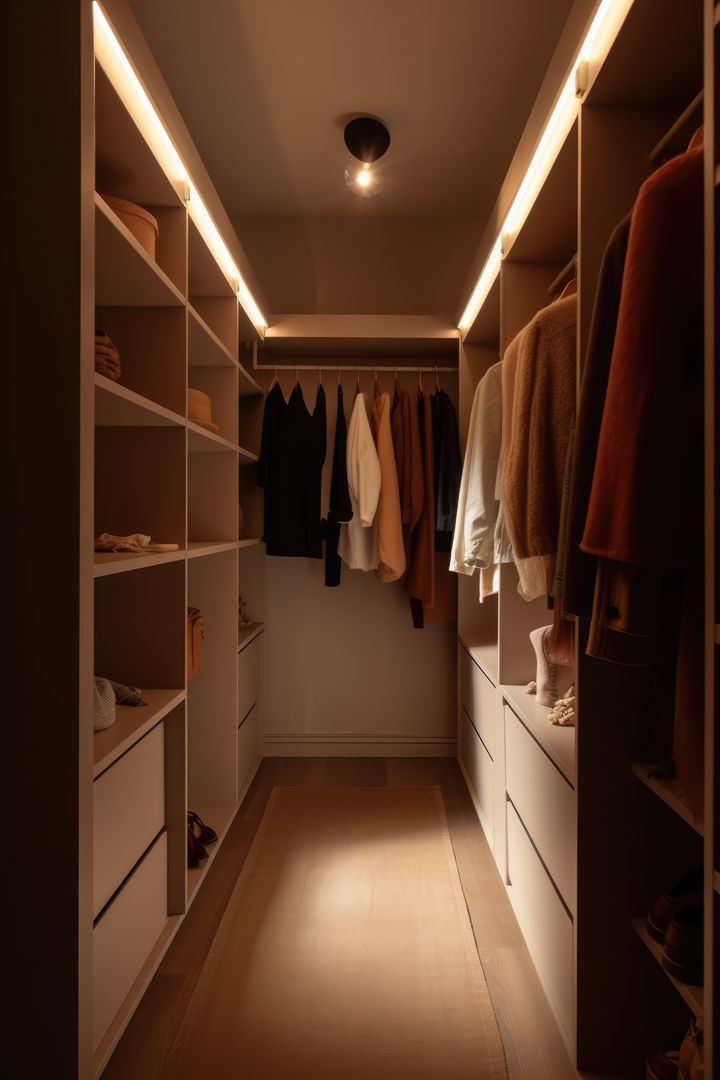 Modern Walk-in Closet with Warm Lighting - Free Images, Stock Photos and Pictures on Pikwizard.com
