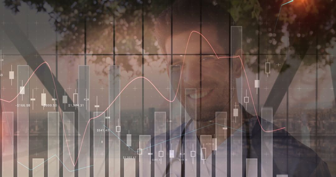 Businessman Analyzing Finance with Digital Graph Overlay in Urban Setting