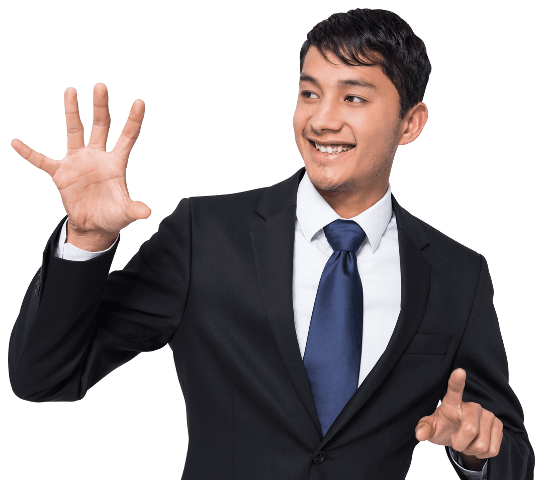 Cheerful Biracial Businessman Presenting on Transparent Background