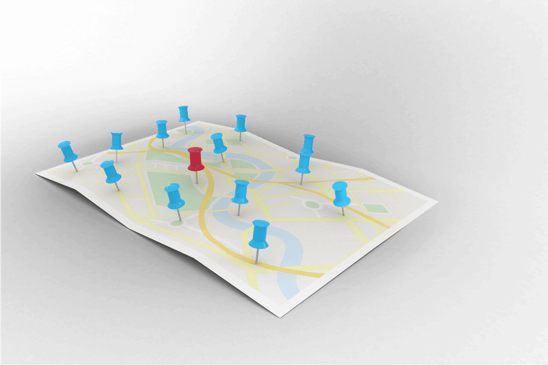 Digital map with location pins on transparent background illustration