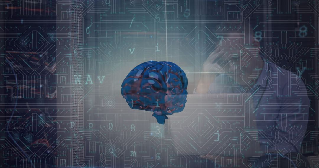 Digital Brain Hologram and Engineer Showcasing Cybersecurity in Medicine