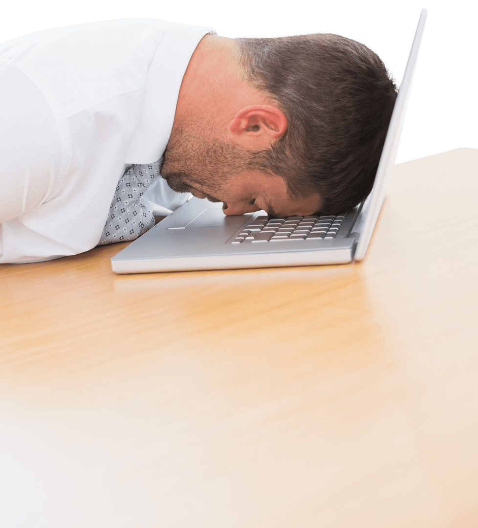 Exhausted Businessman Resting Head on Open Laptop Transparent Background