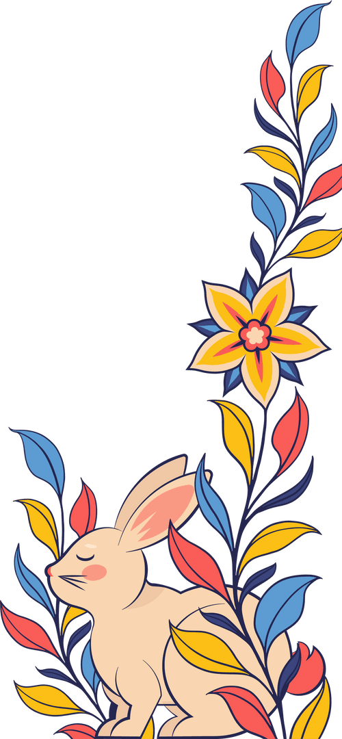 Whimsical Rabbit Among Vibrant Leaves on Transparent Background