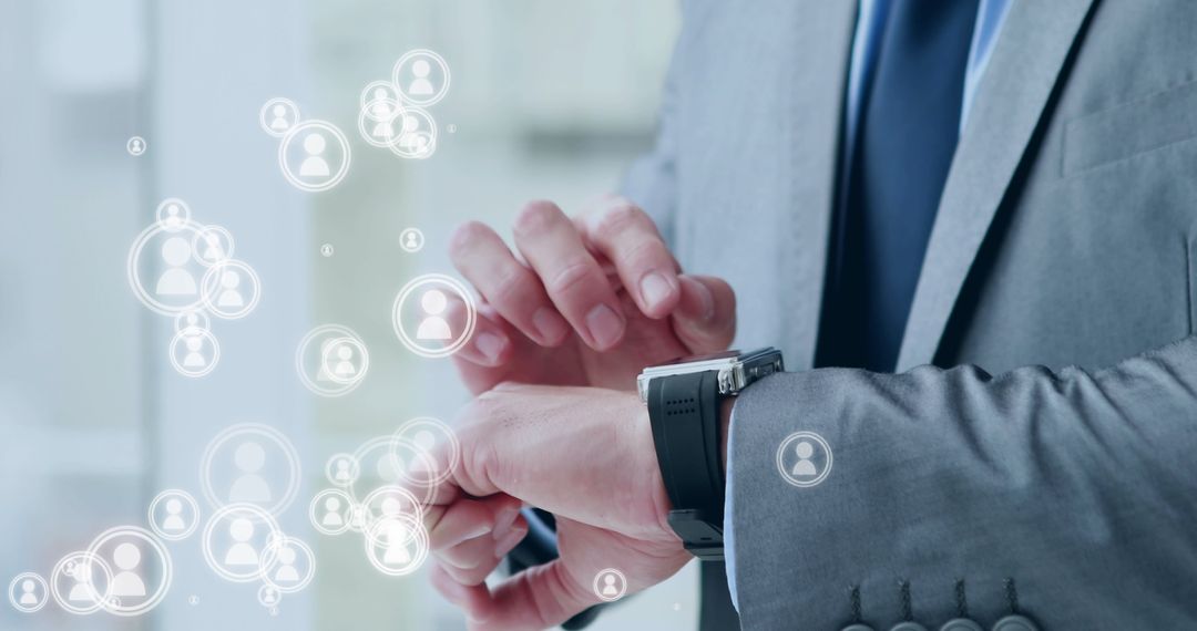 Businessman Using Smartwatch with Digital Network Icons