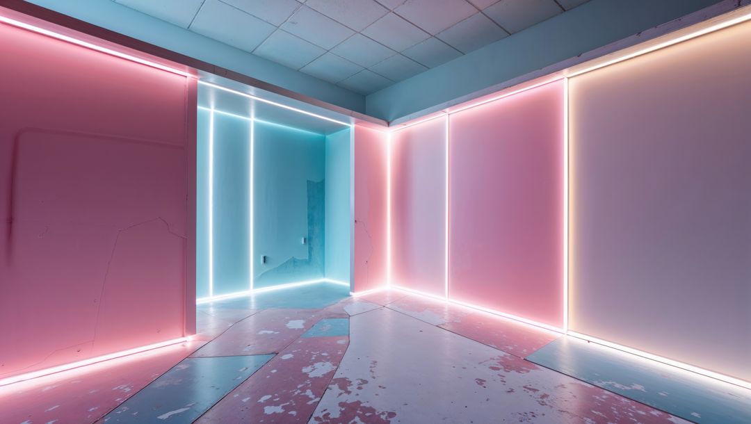 Neon-Lit Gallery Corner with Modern Geometric Design