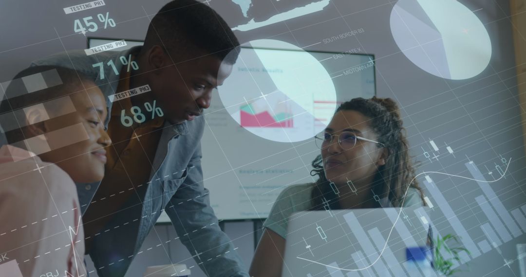 Diverse Team Analyzing Business Data with Projected Graphics Overlay