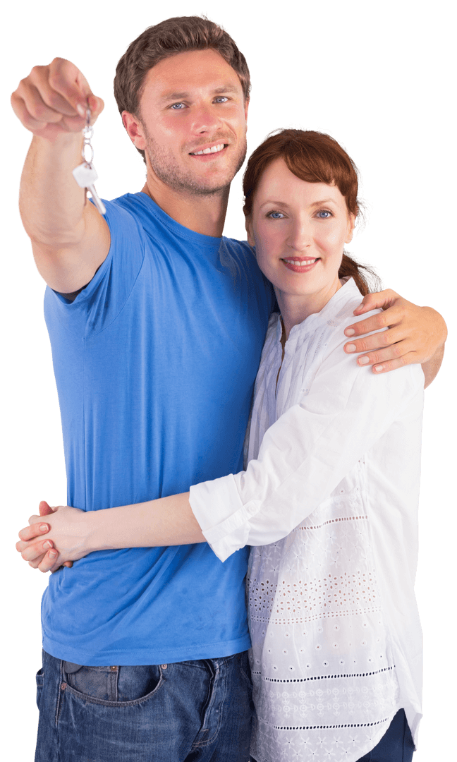 Happy Couple Holding Keys Celebrating New Home Transaction Transparent