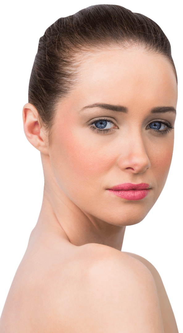 Transparent Close-Up of Woman with Blue Eyes and Bun