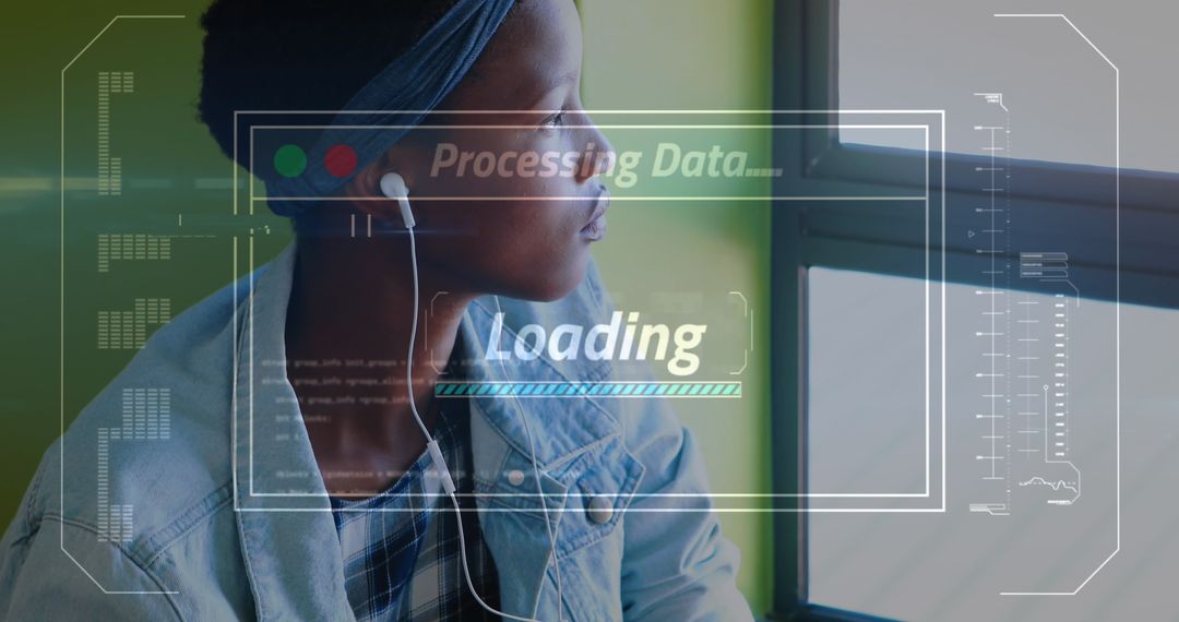 Woman Contemplating with Digital Data Interface Overlay