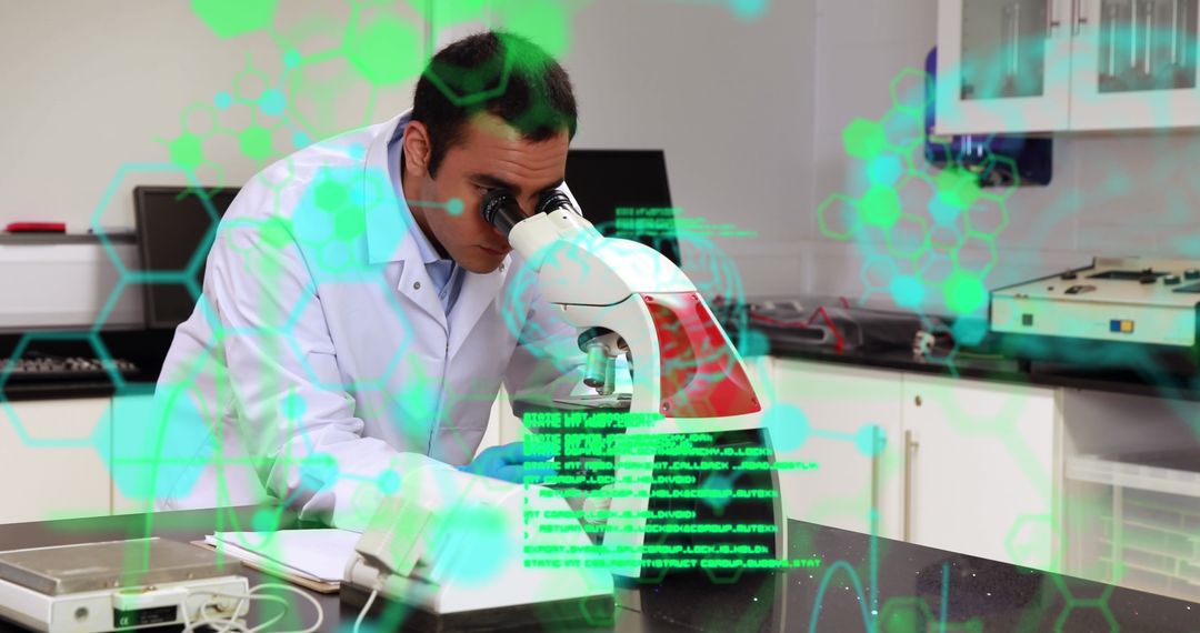 Scientist Examining Samples with Digital Interface in Laboratory