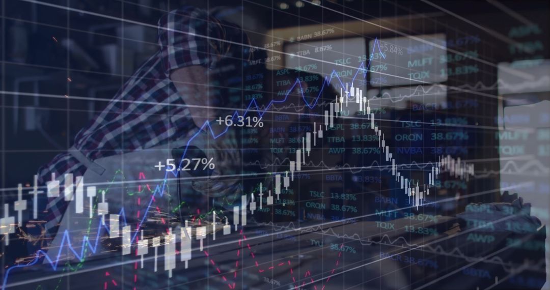 Financial Analyst Reviewing Market Charts with Dual Transparency