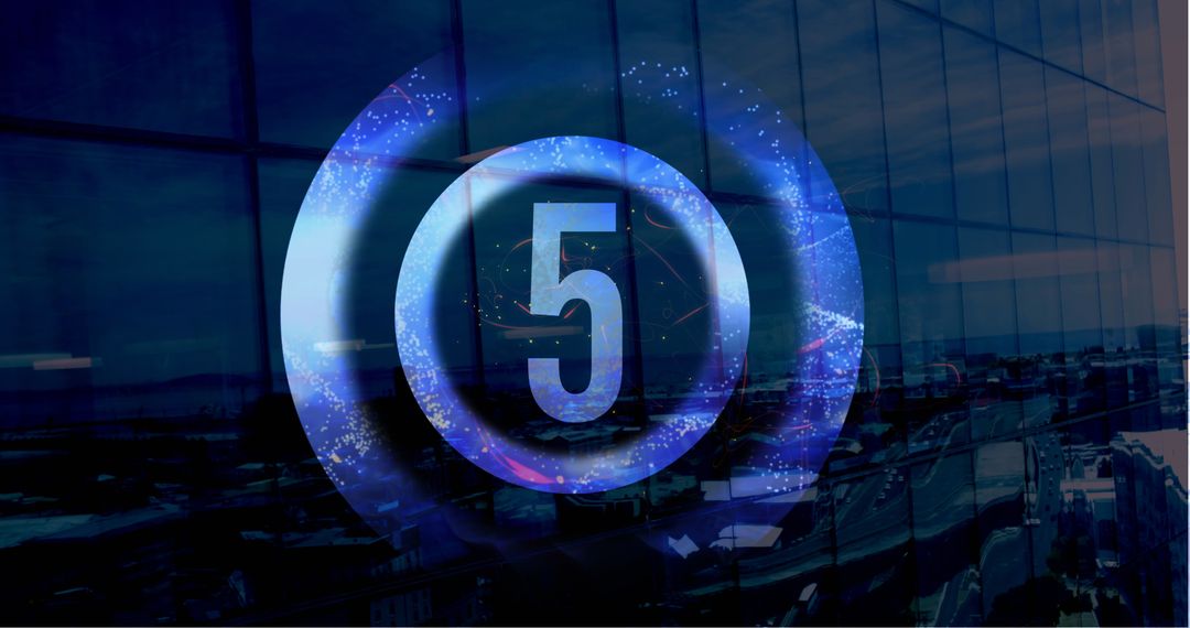 Dynamic Blue Countdown Over Modern Building Reflection