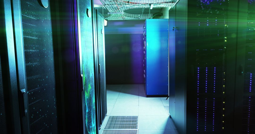 Futuristic Data Center with Digital Technologies Illuminating