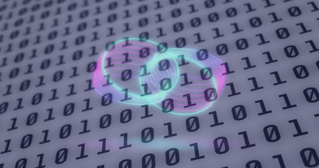 Futuristic Neon Circles Over Binary Code Display