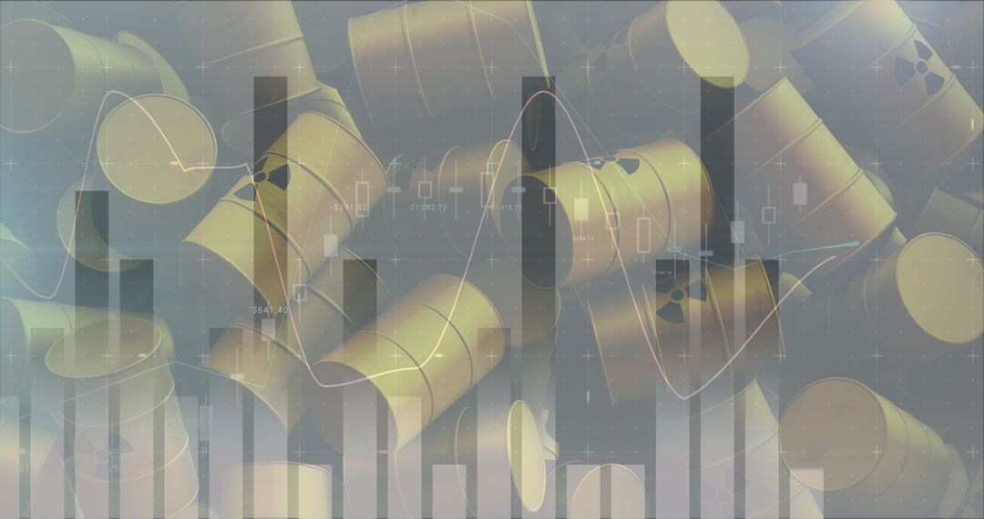 Nuclear Barrels with Data Overlay Illustrating Global Crisis