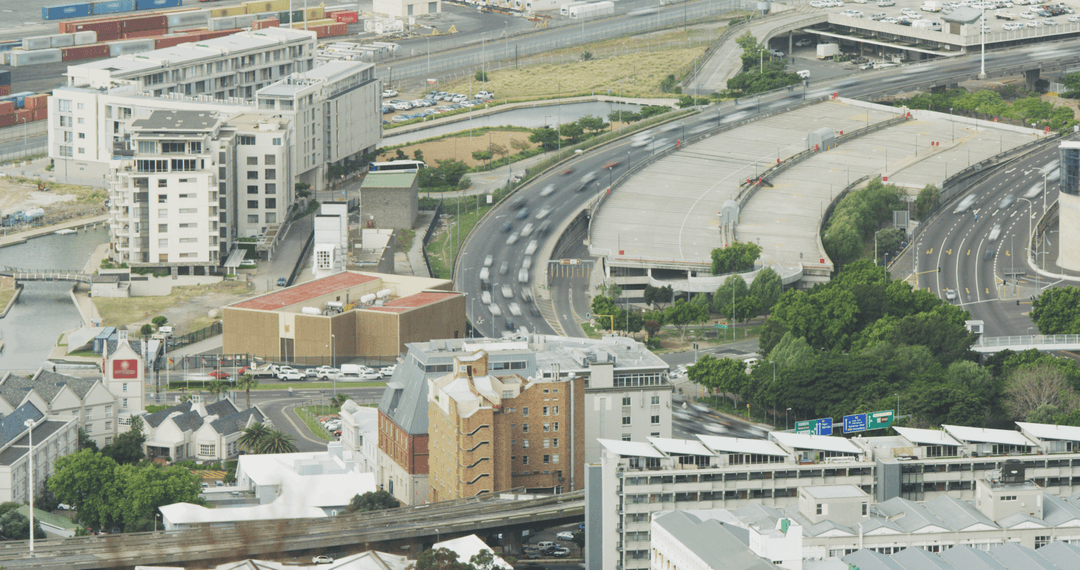 Aerial transparent view urban roads residential buildings traffic flow