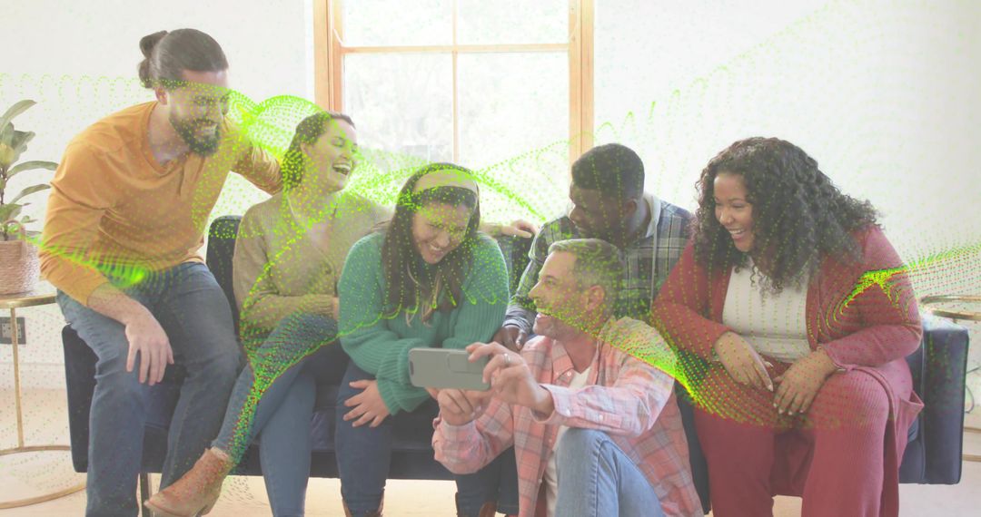 Friends Laughing and Sharing Smartphone with Augmented Green Wave Overlay