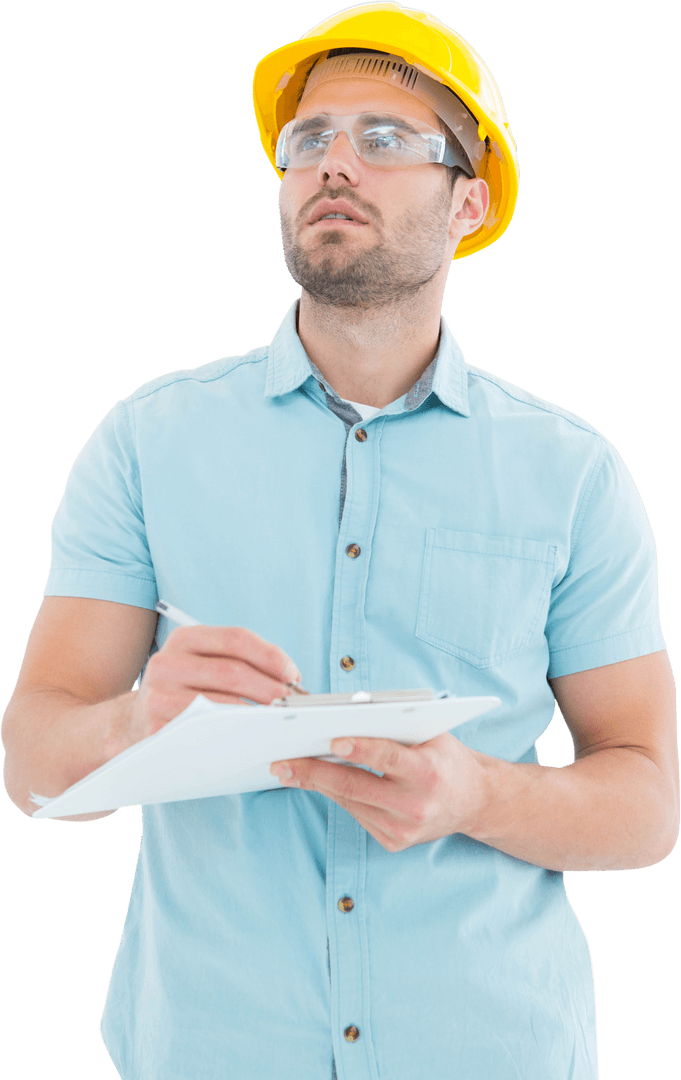 Transparent Male Engineer with Clipboard and Yellow Helmet