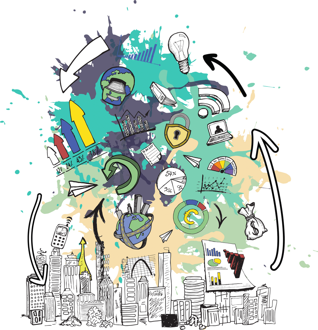 Transparent Cityscape with Social Media Elements Vector Illustration