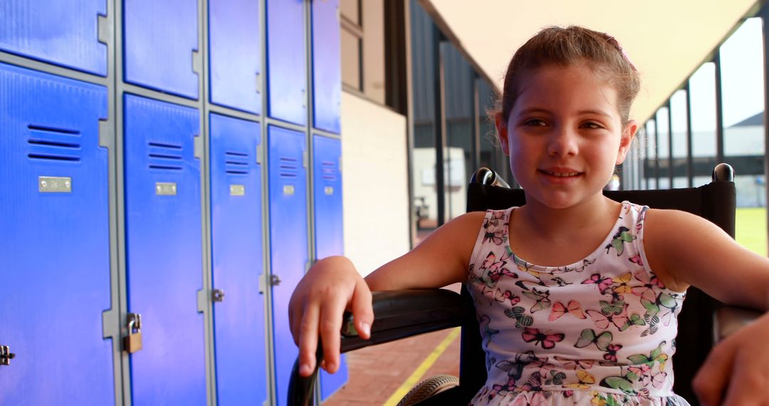 Young Girl in Wheelchair Smiling Next to Lockers Outdoors - Free Images, Stock Photos and Pictures on Pikwizard.com